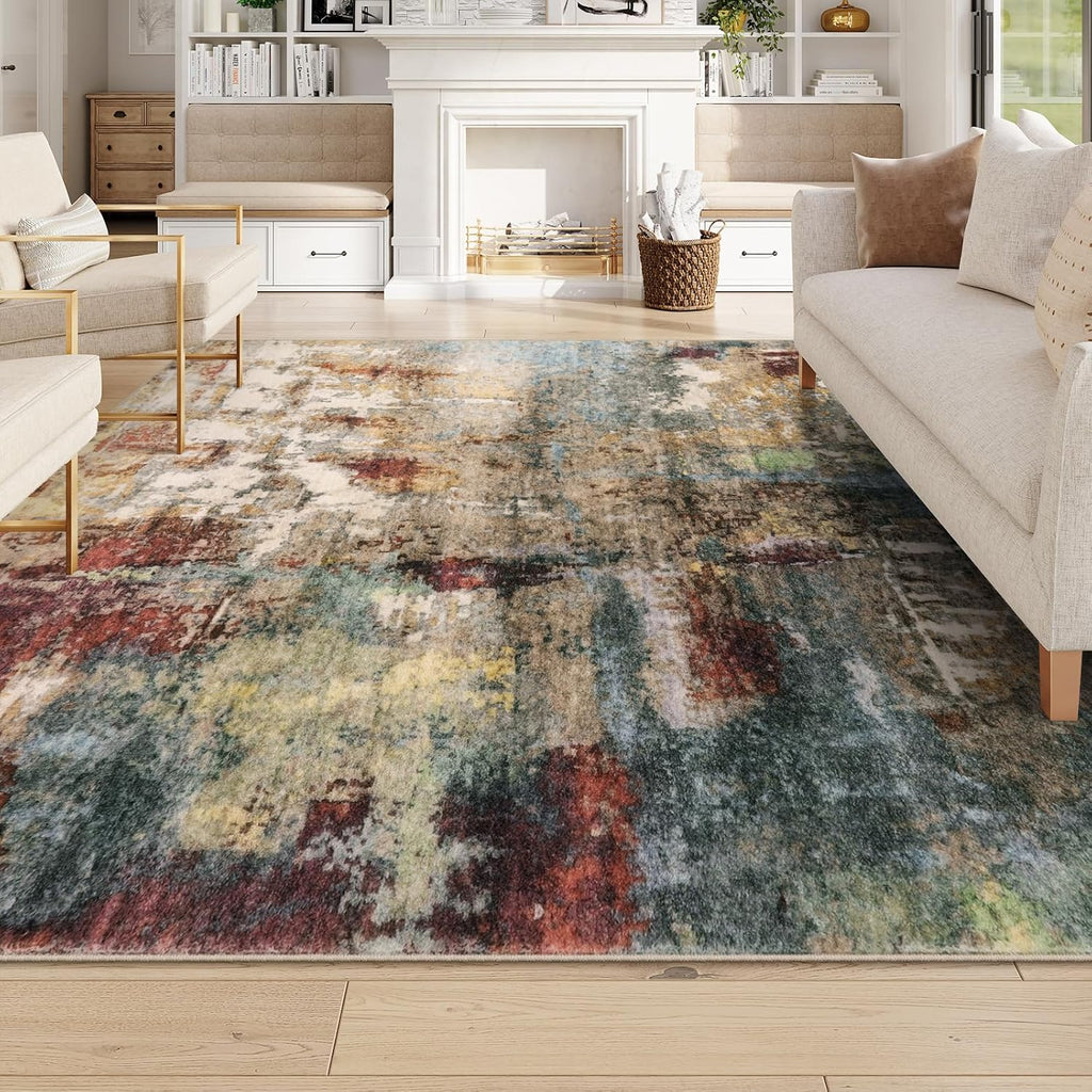 Modern Abstract Living Room Rug 8x10, Washable 8x10 Area Rugs for Bedroom Stain Resistant Non Slip, Large Red Soft