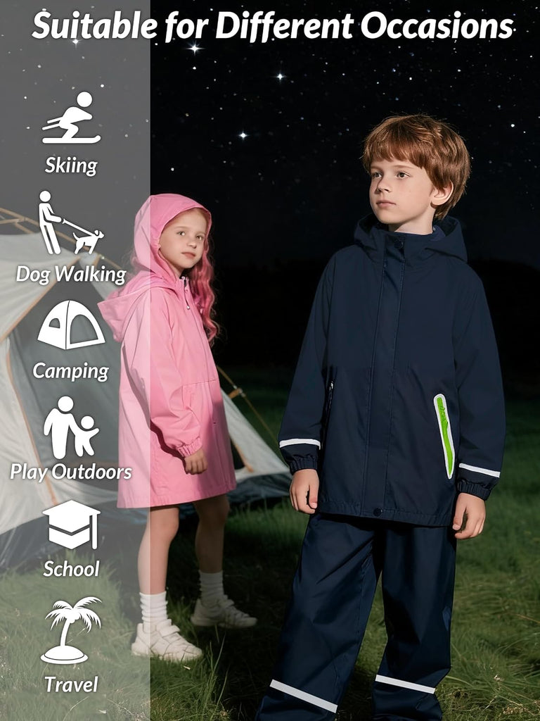 Kids Rain Suit Boys Girls Waterproof Lightweight Raincoat and Pant Rain Gear for Camping Hiking