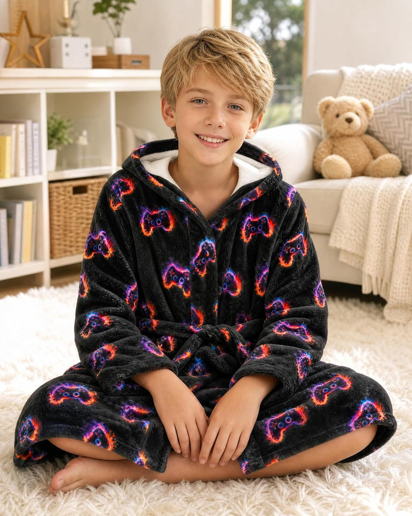 Boys Fleece Robe Kids Hooded Bathrobe Soft Loungewear Warm Sleepwear