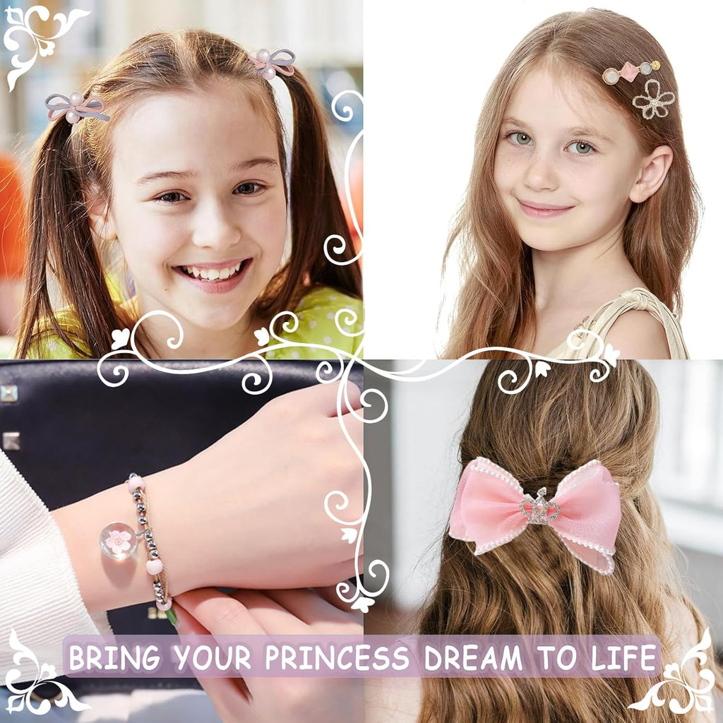 Princess Jewelry Box for Girls with Hair Accessories,Girls Hair Clips Bows Set, Fashion Hair Styling Kit