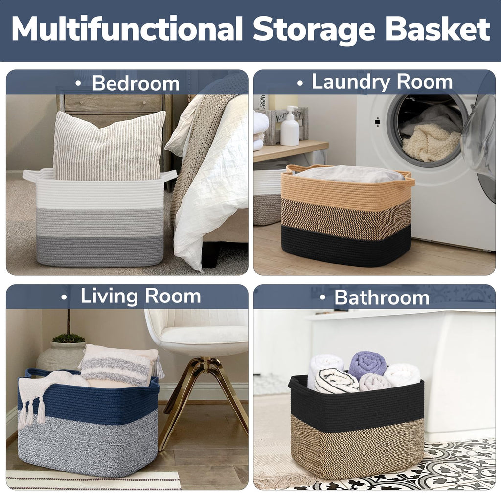 50L Large Woven Storage Basket, 18" x 14" x 12", Blue