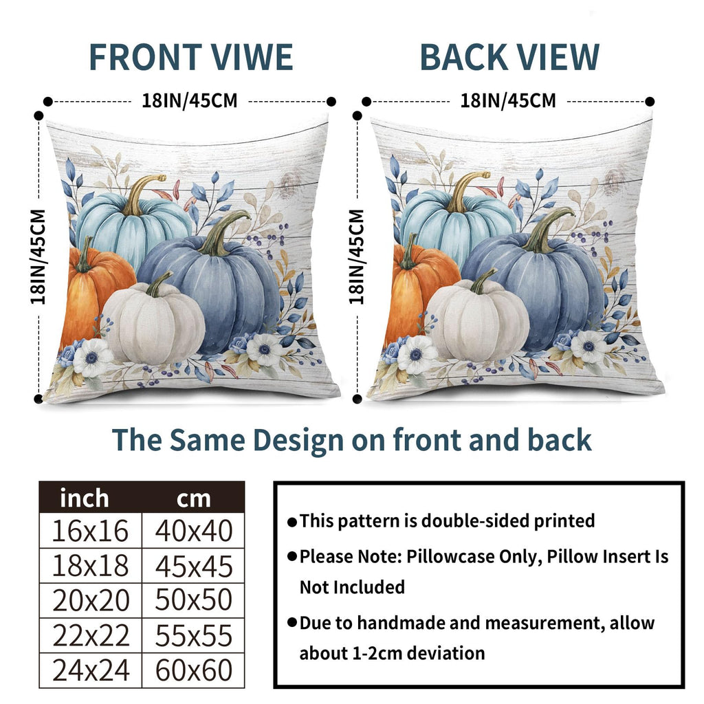 Fall Pumpkin Floral Throw Pillow Covers 20x20 Inch Blue Teal Orange Pumpkins Leaf Decorative Pillow Covers Pack of 2