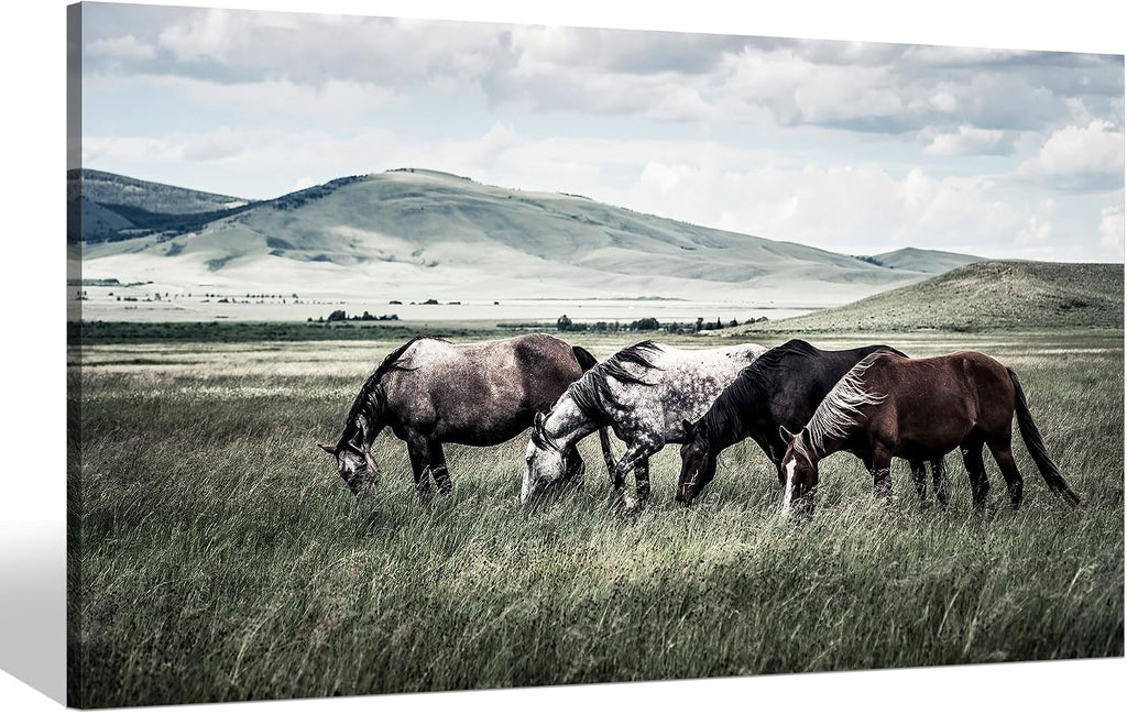 Rustic Horse Canvas Wall Art: Farmhouse Horses Picture Vintage Wild Animal Grazing on Grass Painting Print Country
