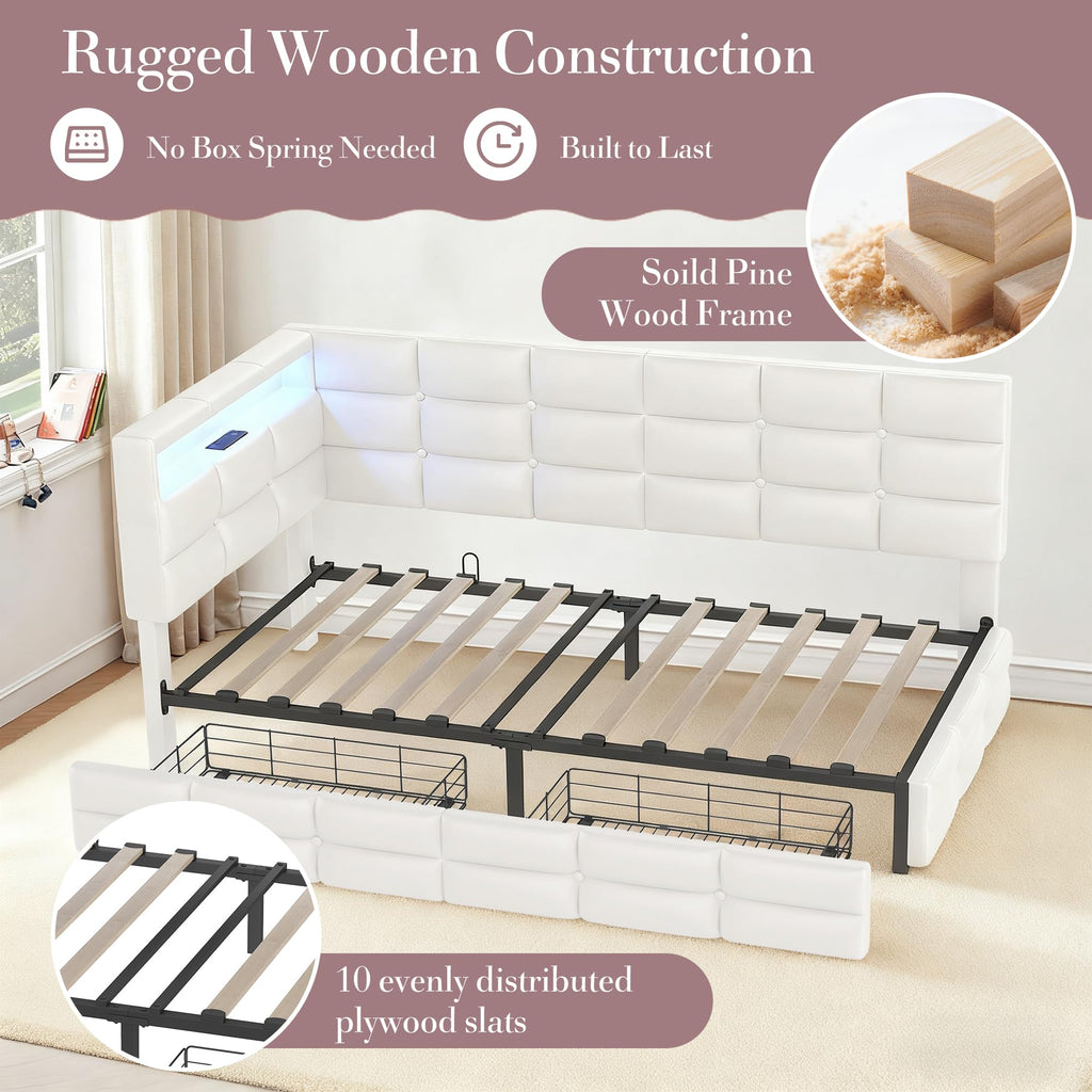 Twin Corner Bed with Storage and Led Lights, Upholstered Twin Size Daybed with Storage Drawers and Charging Station