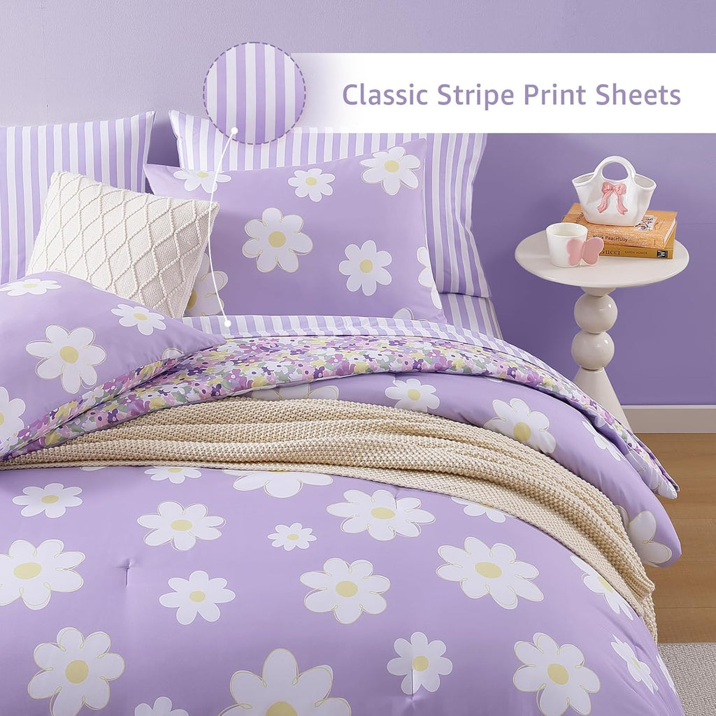 Full Comforter Sets for Girls, Daisy Kids Bedding Set Reversible with Cute Floral, All Season Bed in a Bag 7 Pieces