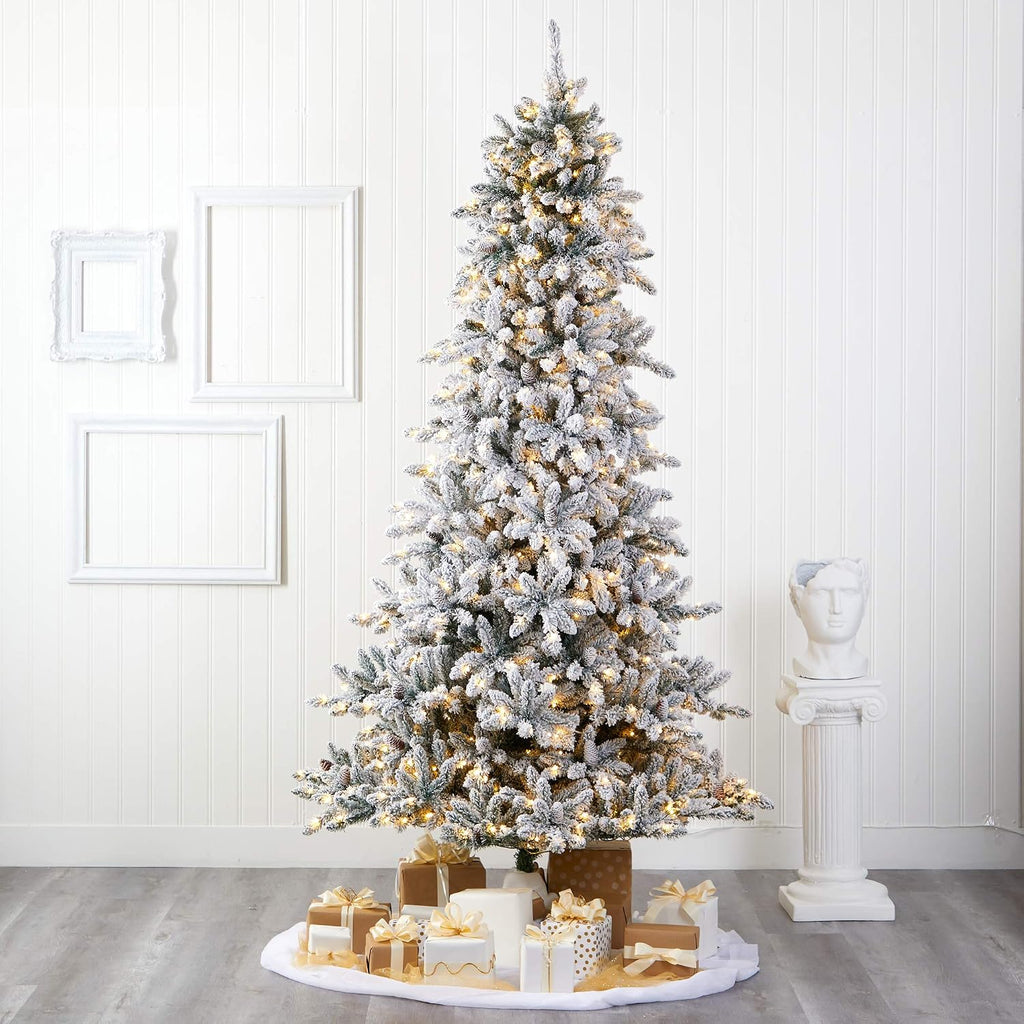 Flocked Livingston Fir Artificial Christmas Tree with Pine Cones and 650 Clear Warm LED Lights