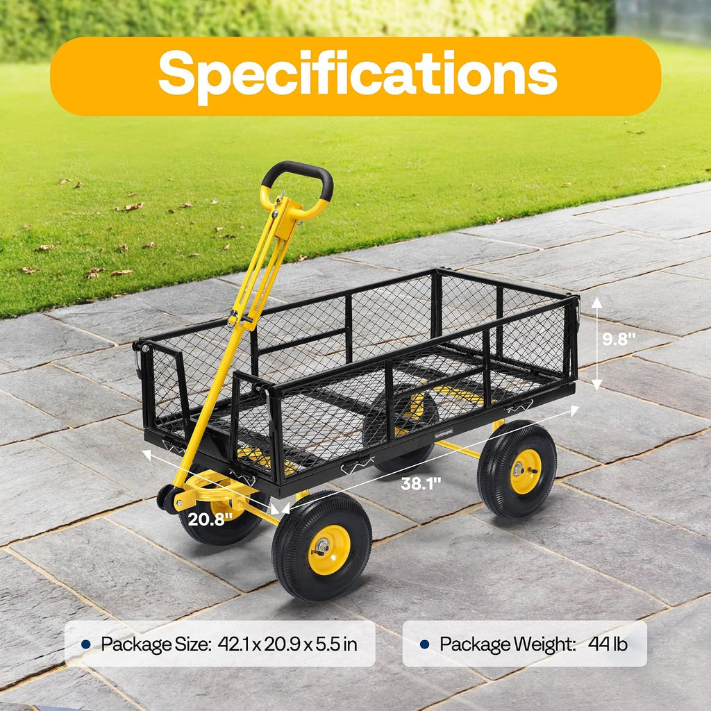 Steel Garden Cart Heavy Duty 900 LBS 4.5 Cu Ft Utility Wagon | Removable Sides, 10 inch Tire and Handle Attach to ATV