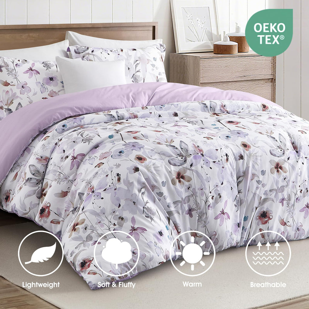 3 Piece Queen Comforter Set, Purple Floral Bedding, Soft Microfiber Comforter with Pillow Shams, Romantic French