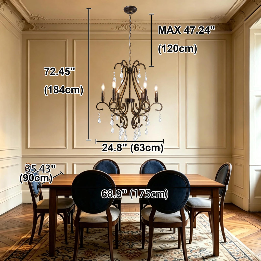 6-Light French Country Crystal Chandelier, Wrought Iron Antique Bronze, 24.8" Wide with Adjustable Chain for Foyer, Dining Room