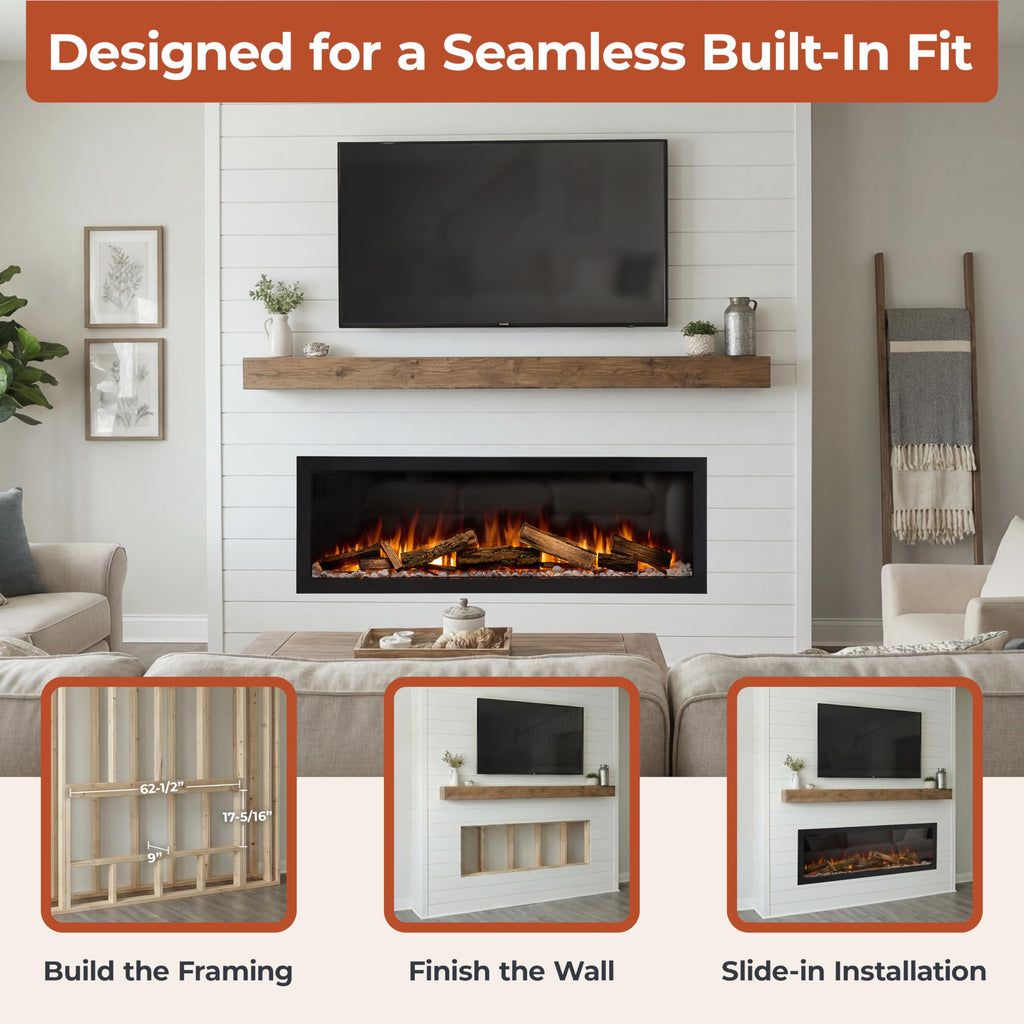 Nordeast 64" Linear Electric Fireplace Insert - Oak