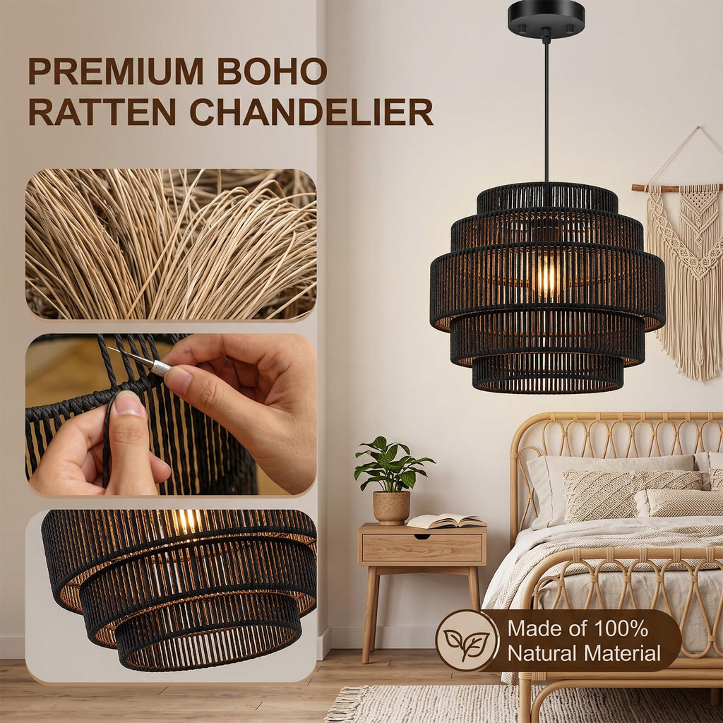 5-Tier Boho Rattan Chandelier Light Fixture, 13" Black Pendant Light with Hand Woven Hemp Rope Lampshade, Small