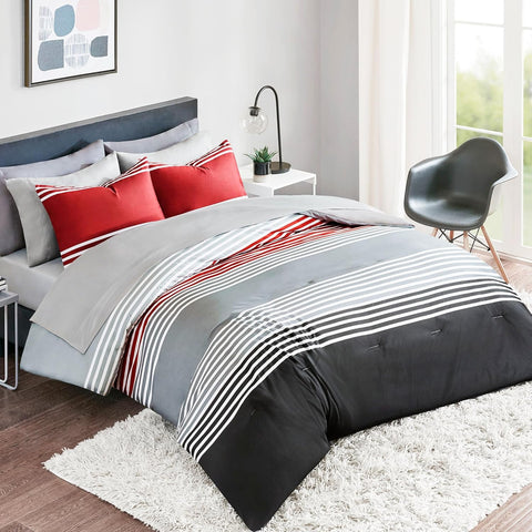 Comforter Sets with Sheets - Bed in a Bag 9 Pieces Teen Bedding Sets , Red and Grey Stripes Bedding Full