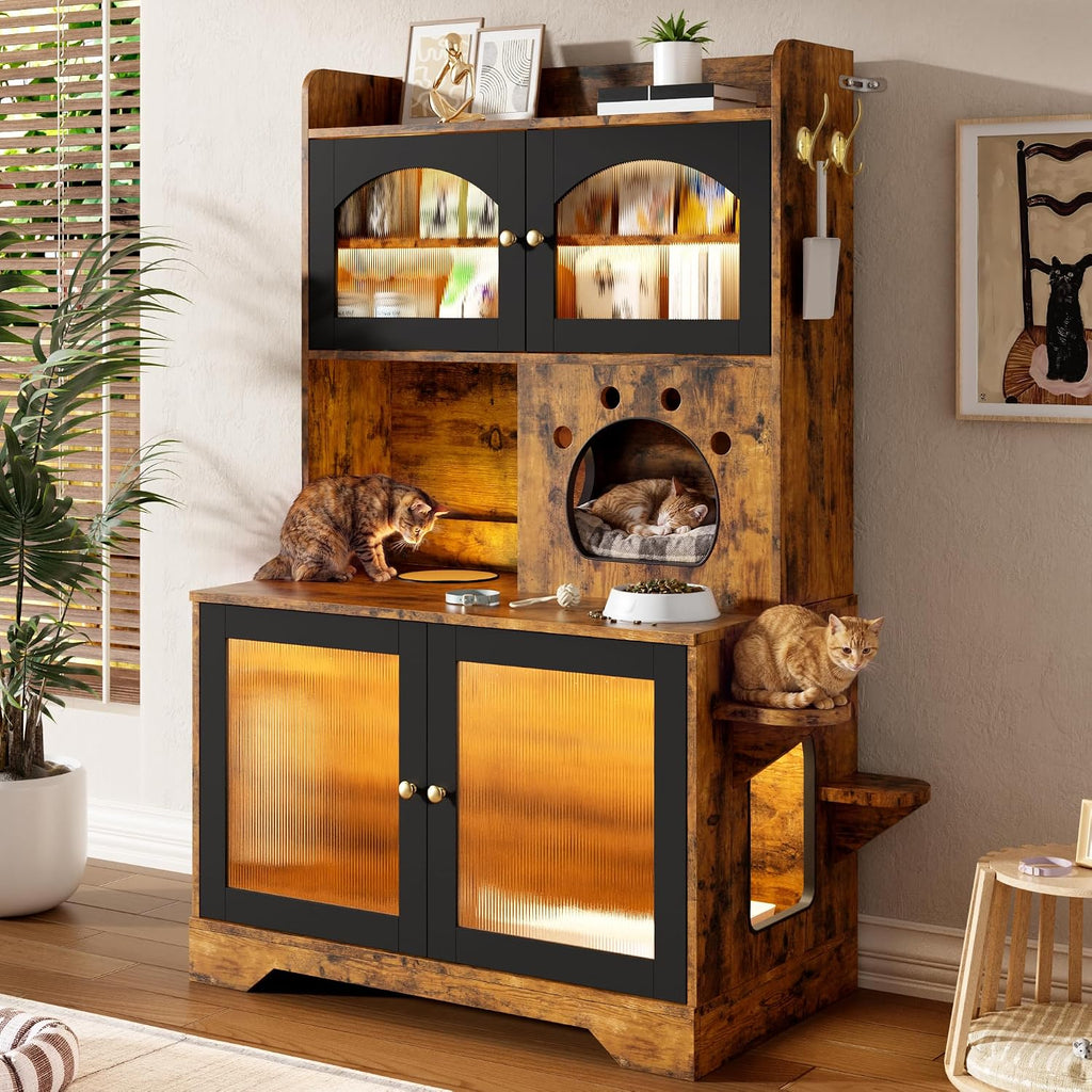 3 Tier Cat Litter Box Enclosure Furniture with Storage Cabinet