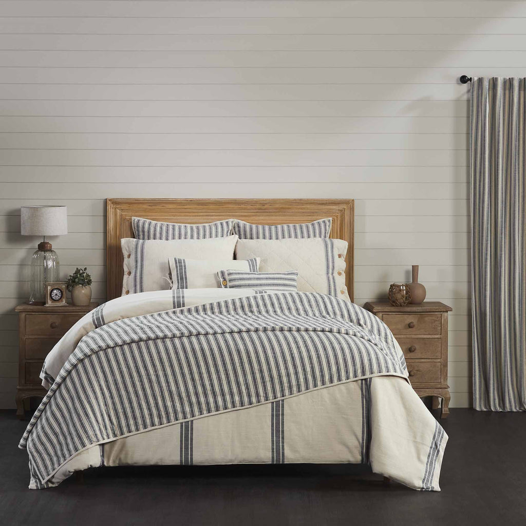 Market Place Gray Quilted King Pillow Sham, 21" L x 37" W, Cream w/Grain Sack Stripe & Button Details ...
