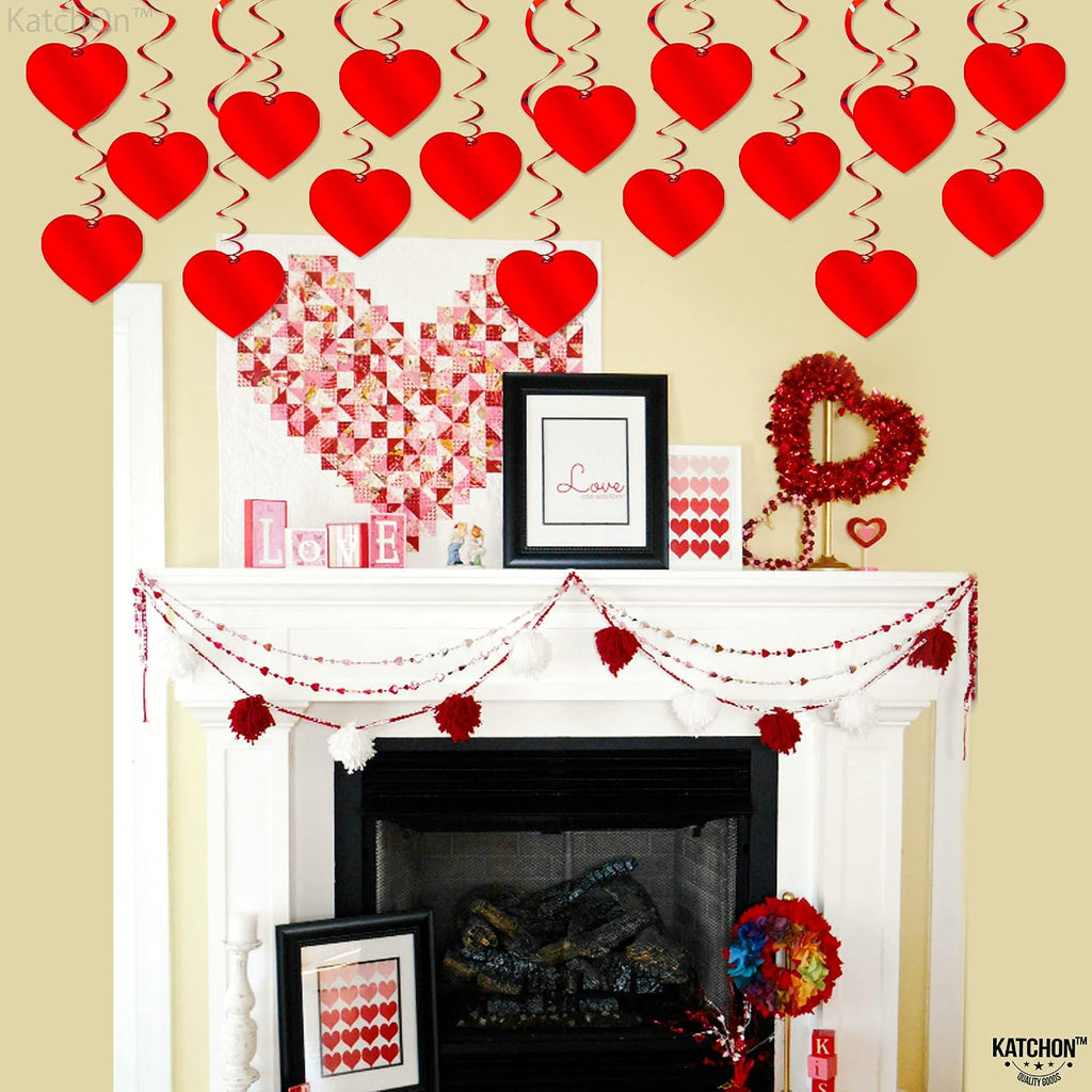 Red Hanging Heart Decorations - Set of 18