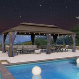 12' X 24' Outdoor Hardtop Gazebo Patio Wide Aluminum Frame Galvanized Steel Double Roof with Heavy Duty Netting and