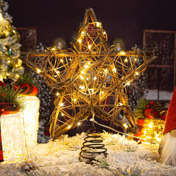 Rattan Natural Star Christmas Tree Topper - Rustic Farmhouse Xmas Treetop with 50 Warm LED Lights Christmas Tree