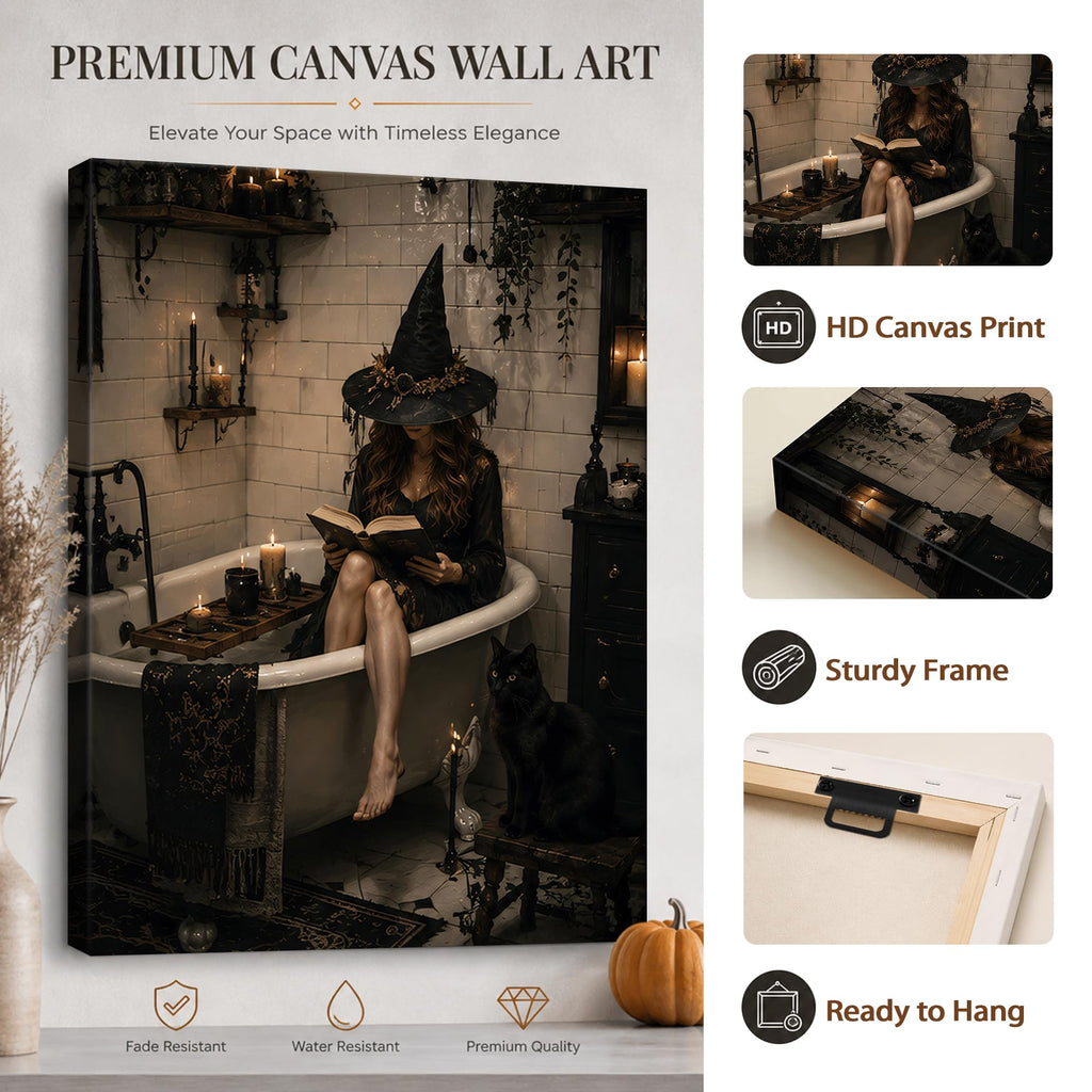 Halloween Canvas Wall Art, Witch in Bathtub with Cat Halloween Pictures