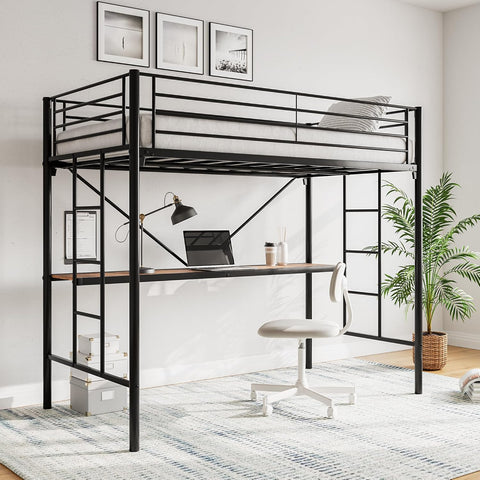 Metal Loft Bed with Desk & 2 Built-in Ladders,Safety Guard Rail, Space-Saving Design, No Box Spring Needed, Twin Black