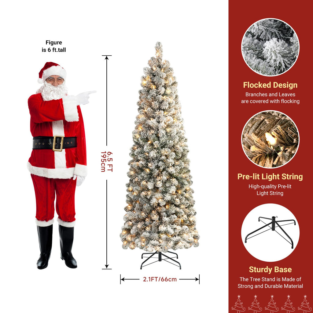 6.5ft Prelit Snow Flocked Artificial Slim Pencil Christmas Tree