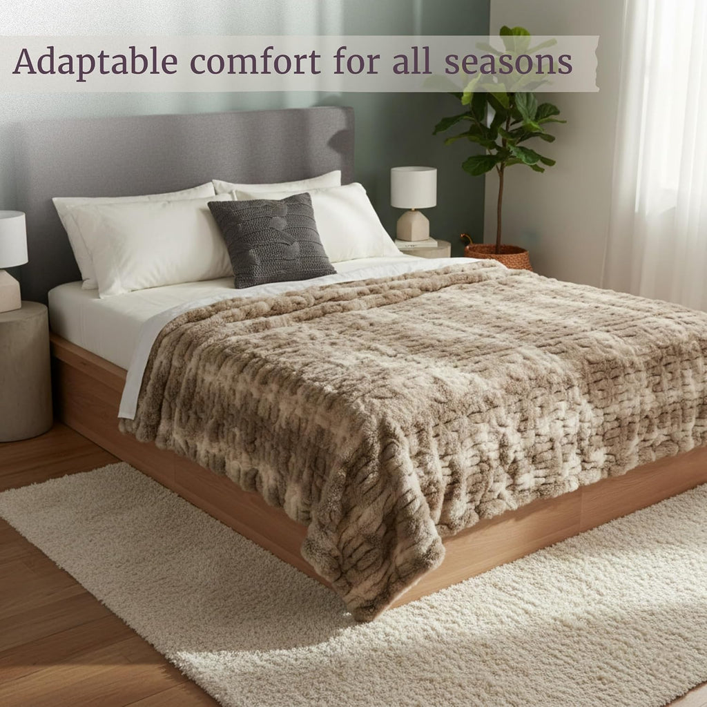Oversized Ruched Faux Fur Blanket, Taupe, 60" x 80" | Plush Polyester Faux Fur Queen-Size Throw Blanket for Sofas and