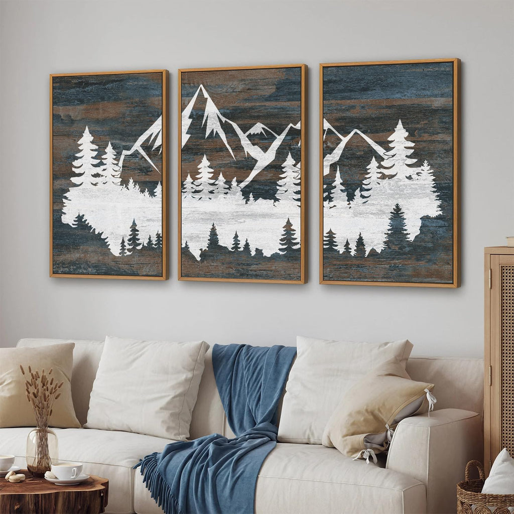 Vintage Mountain Framed Canvas Wall Art, White Snowy Nature Landscape Wall Decor, Rustic Wilderness Forest Art