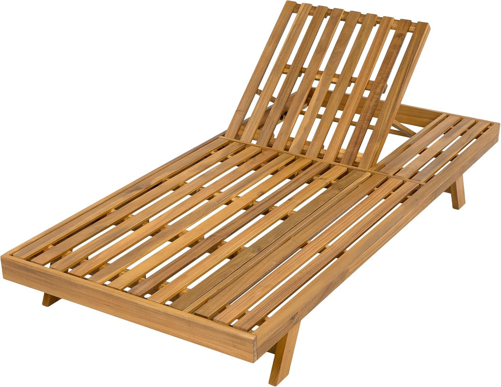 Wood Chaise Lounge with 4'' Four-Folds Cushion, Outdoor 79'' Patio Recliner Chair with 4-Position Adjustable