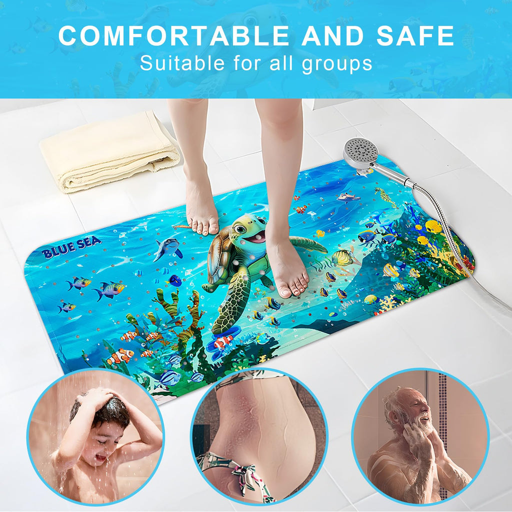 Bath Mat for Tub Non Slip Kids Bathtub Mat 40x16 Baby Bath Mat, Blue Sea