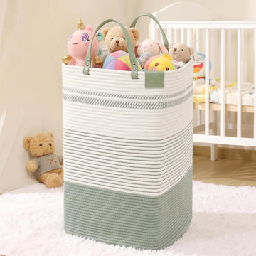 100L Nursery Hamper, Tall Woven Laundry Basket with Long Leather Handles, Boho Laundry Hamper , Eco-friendly &