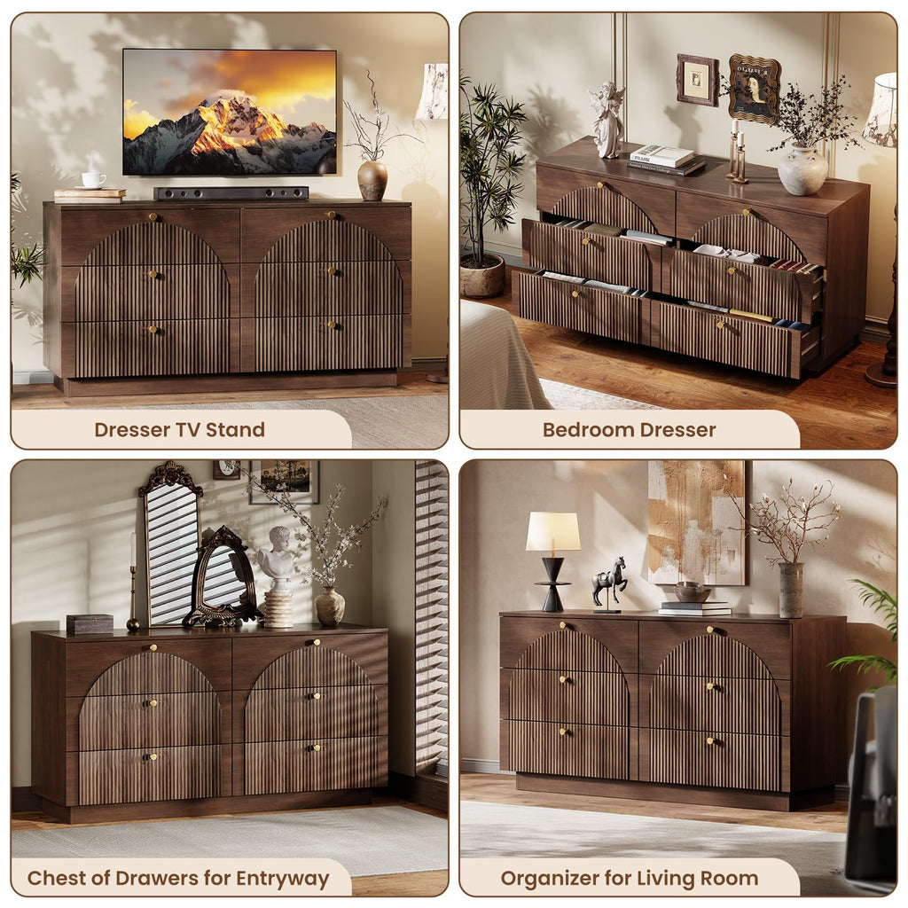 Arched Fluted Dresser with 6 Drawers 55" Wide Walnut