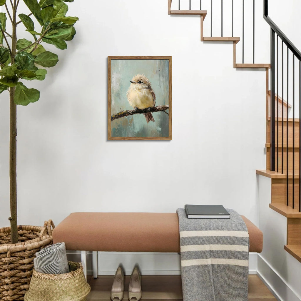 Vintage Framed Bird Wall Art, Rustic Sparrow on Branch Canvas Wall Decor Painting, Cute Bird Animal Artwork Poster