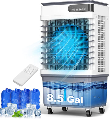 2600CFM Swamp Cooler, 4-IN-1 Evaporative Air Conditioners With 8.5 Gal Water Tank, 4 Ice Packs, Remote, 12H Timer