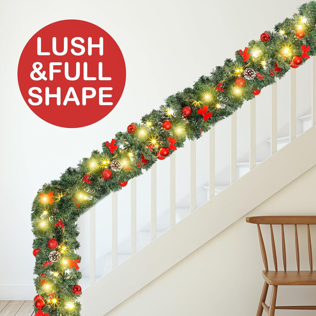 15ft Prelit Christmas Garland with 100 LED Light,Berry Bow Garland