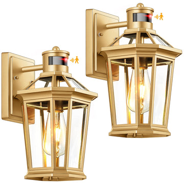 Outdoor Wall Lights Lantern, 2 Pack Gold Motion Sensor Proch Light, Dusk to Dawn Weather Resistant Exterior Lights