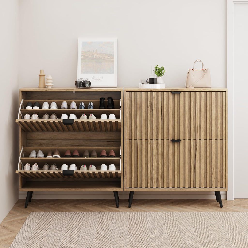 Shoe Cabinet with 2 Flip Drawers, 31.5" Natural Hidden Shoe Storage Cabinet with Fluted Design, Freestanding Shoe
