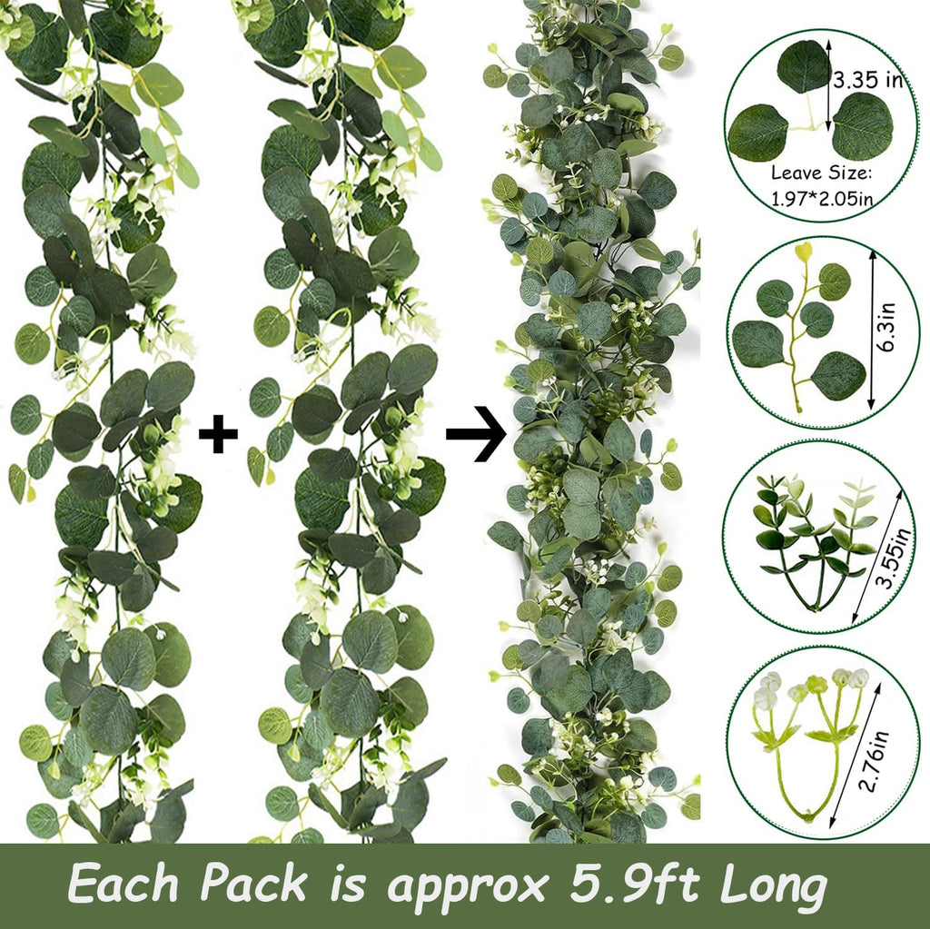 Artificial Eucalyptus Garland 5.9FT Spring Greenery Garland Decor Summer Faux Silver Dollar Hanging Eucalyptus - Set of 2