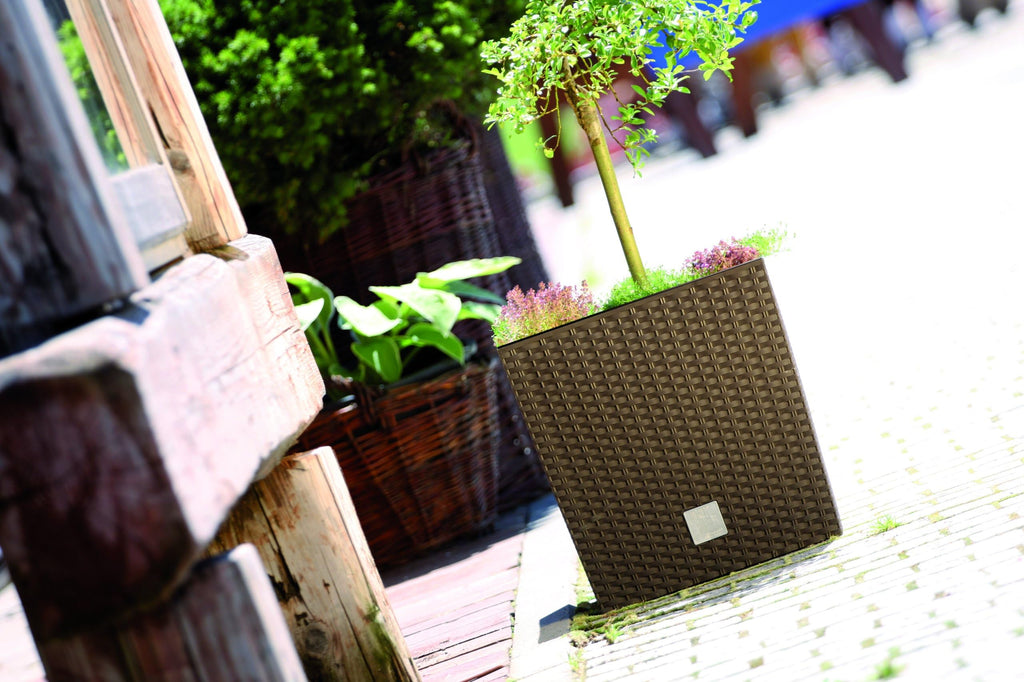 Brown Weatherproof Plant/Flower Pot with Rattan Design - Suitable for Indoor and Outdoor Use - Square Pot 26.2 x