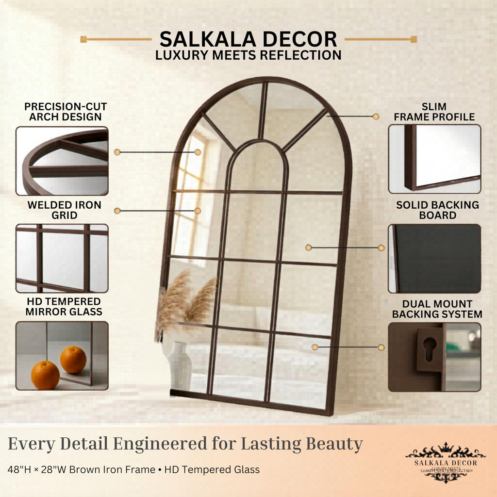 Brown Framed 48x28Inch Arched Window Pane Mirror| Arched Mirrors for Wall & Floor | Arch Mirror Full Length Living