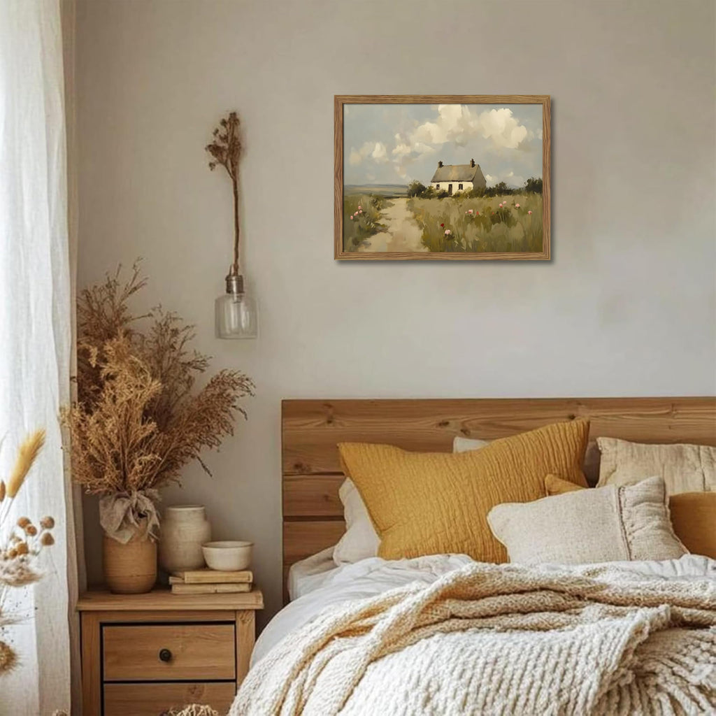 Vintage Wall Art, Framed English Countryside Cottage Painting Print, Country Farmhouse Canvas Wall Art, Rustic