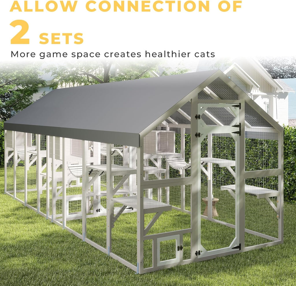69.7" L Large Catio Outdoor Cat Enclosure, Walk-in Outdoor Cat House with 8 Platforms, 2 Hideouts