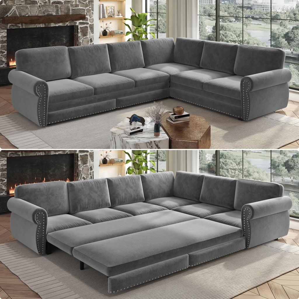 118" Sleeper Sofa Bed, Sectional Couches /Apartment, Chenille L Shaped Couch with Pull Out Couch Bed, Convertible