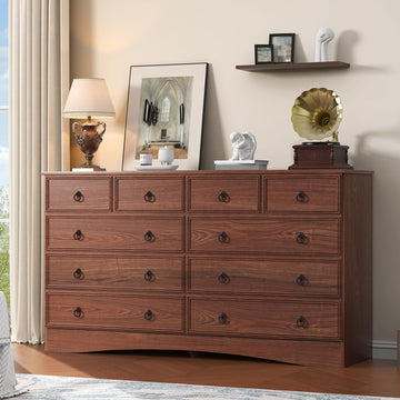 With 10 Drawers, Large Chest of Drawers Storage Organizer, Long Storage TV Stand Cherry Wood