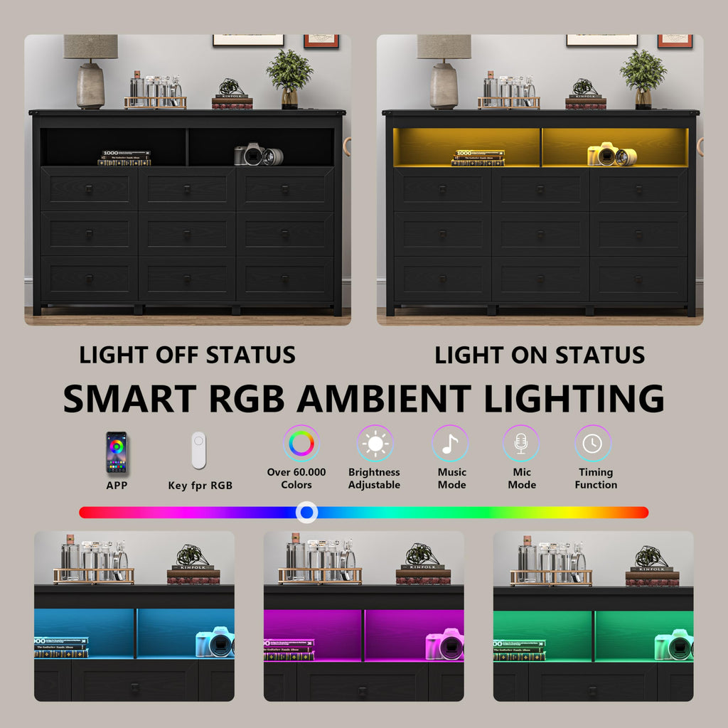 Dresser with 9 Drawers, LED Lights, Power Outlet, Black