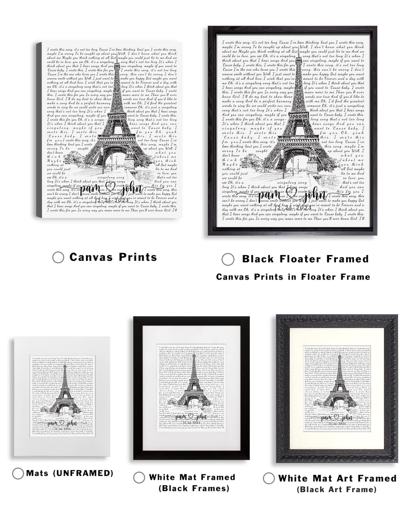 Custom Song Lyrics Paris Eiffel Tower Wall Photo or Canvas Prints with Couple's Names and Special Date on it, Perfect
