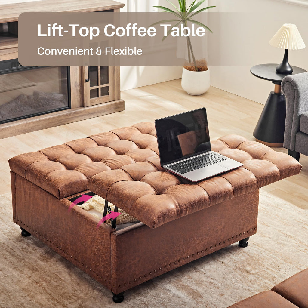 35 Inch Large Square Storage Ottoman, Coffee Table Ottoman, Faux