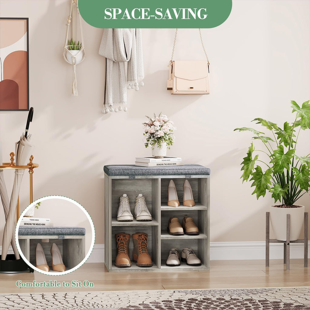 Shoe Bench with Padded Seat, 20'' Shoe Storage Bench with Adjustable Shelves & Side Pockets, 5 Cubes Storage