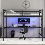 Full Metal Loft Bed with Desk and LED Lights,Heavy Duty Loft Bed Frame with Charging Station and USB for