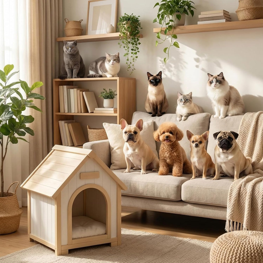 Indoor Dog House for Small Dogs, FSC Certified Cedar Wood Cat House with Cushion, Natural Solid Wooden Pet House