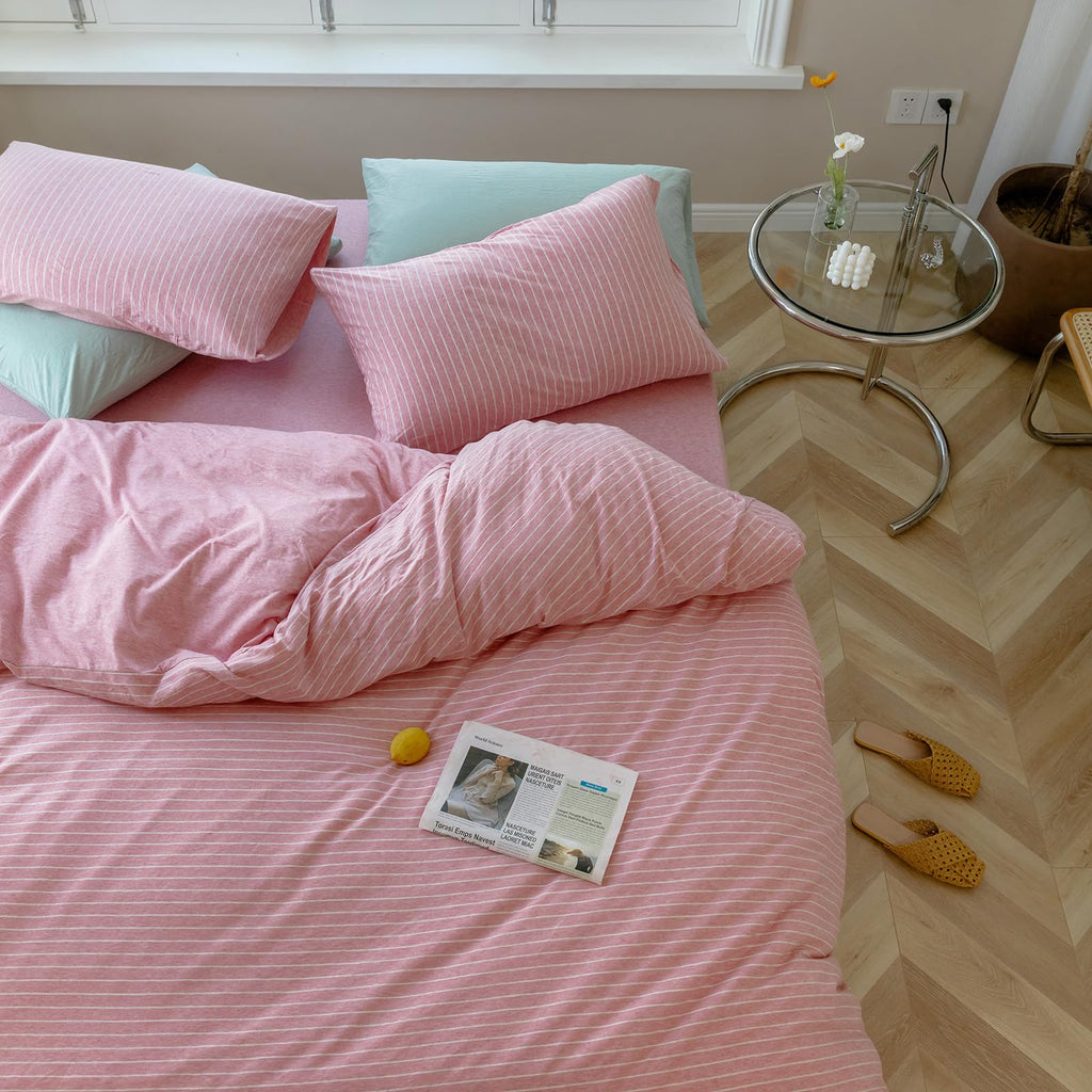 100% Cotton Jersey Knit Striped Duvet Cover, Pink and Off White