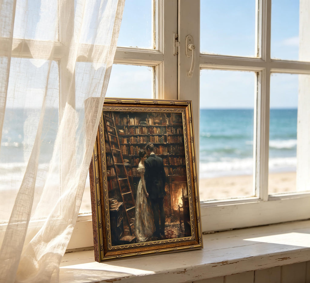 Vintage Gold Framed Library Couple Wall Art, Dark Academia Romantic Canvas Print, Moody Romantic Victorian Library
